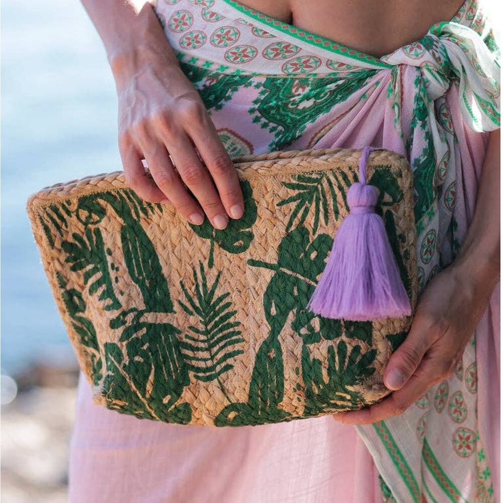 Shiraleah Allegra Tropical Jute Zip Pouch Tassel Clutch NWT